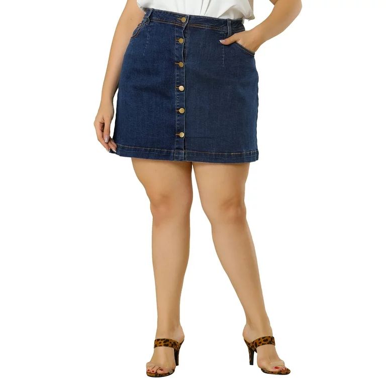 Unique Bargains Juniors' Plus Size Mini Button A Line Retro Slit Pocket Denim Skirt | Walmart (US)