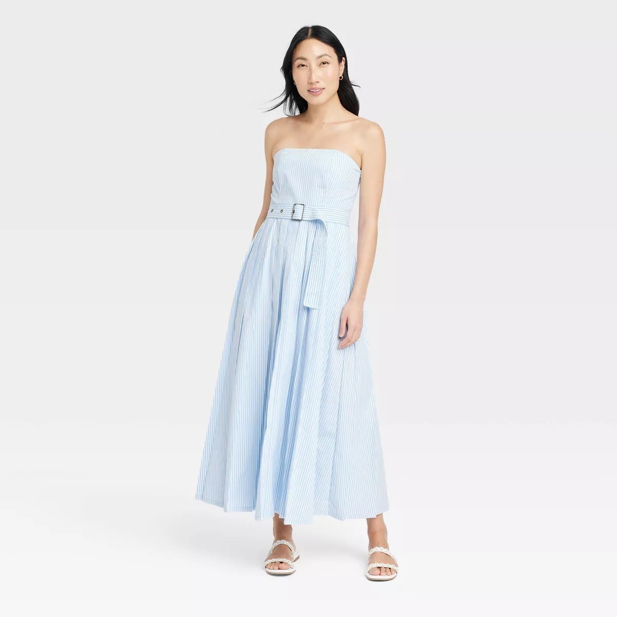 Women's Belted Midi Bandeau Dress - A New Day™ Blue/White Striped 8 | Target