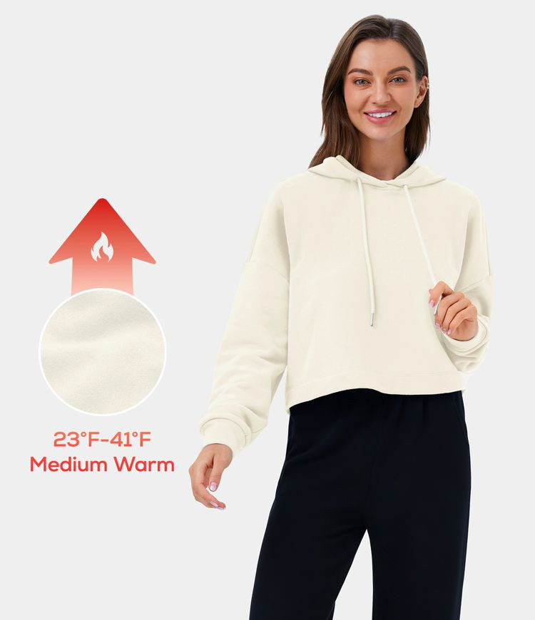 Women's Hooded Dropped Shoulder Drawstring Cropped Fleece Casual Hoodie Sweatshirt - HALARA | HALARA