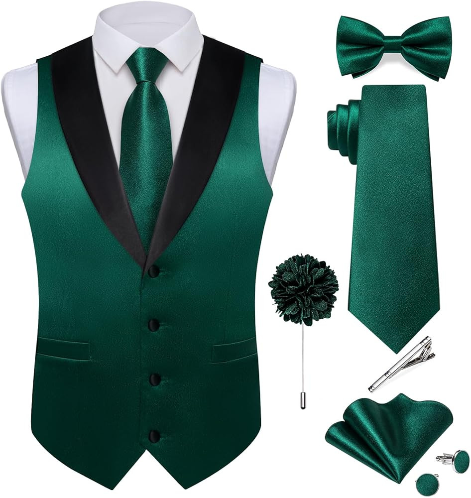 DiBanGu Mens Shiny Satin Vest Tie Set 8PCS Solid Waistcoat and Pre-tied Bowtie Shawl Collar Dress... | Amazon (US)