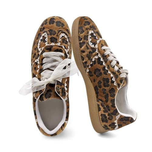 Leopard Women's Lace Detail Lace-Up Casual Sneakers - Elegant Ribbon Ribbon Lace Walking Shoes Non-Slip Sole Breathable Comfort for Daily Outfits Sizes 10.5 | Amazon (US)