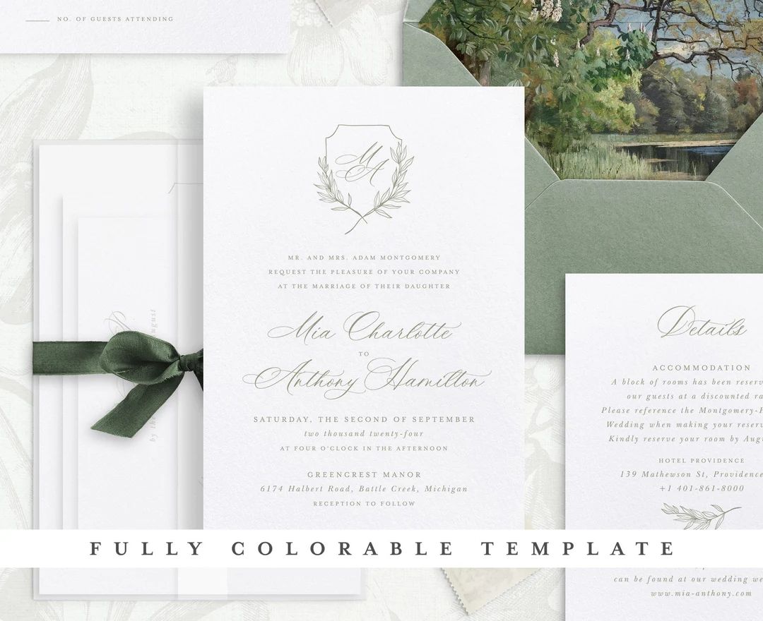 Printable Wedding Invitation Template Set With Sage Crest - Etsy | Etsy (US)