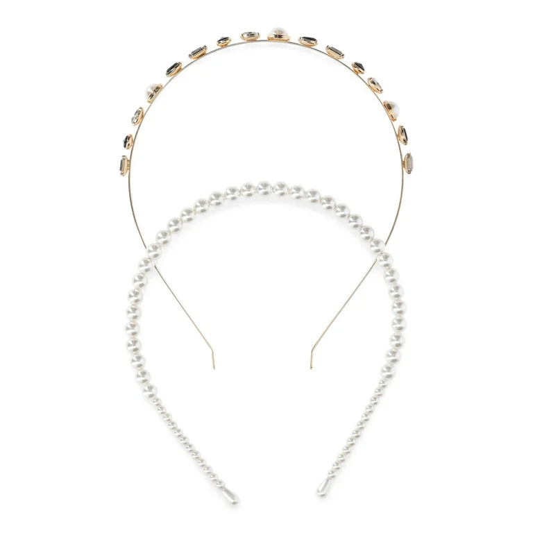 Time and Tru Women's Rhinestone Embellished and Faux Pearl Hair Headband 2-Piece Set, Black - Wal... | Walmart (US)