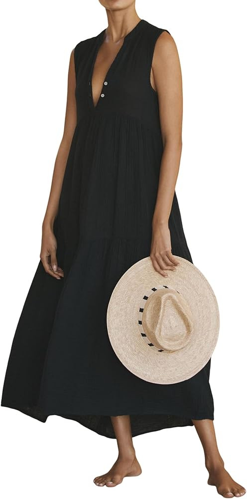 R.Vivimos 2026 Summer Cotton Maxi Dresses for Women Casual Sleeveless Button V Neck Tiered Loose ... | Amazon (US)