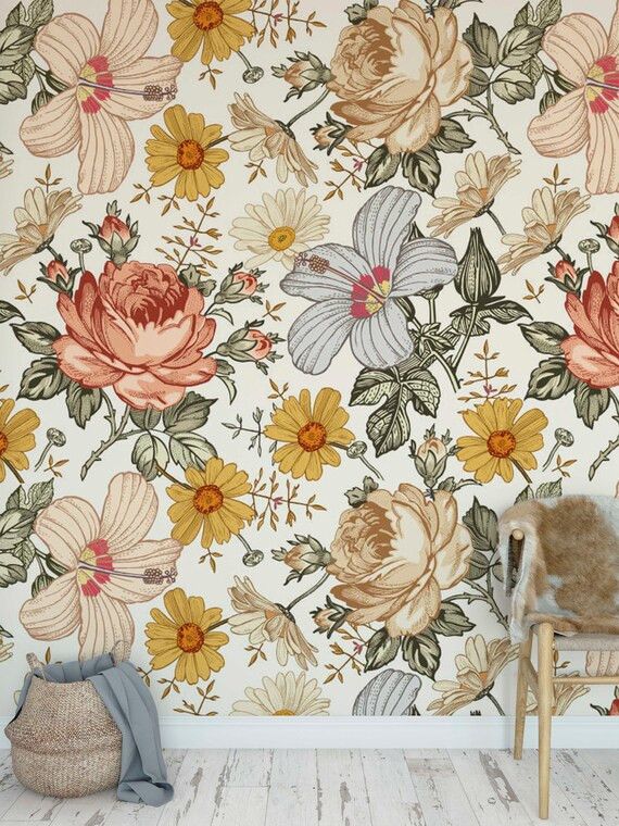 Vintage floral wallpaper peel and stick botanical beige wallpaper | Etsy (US)