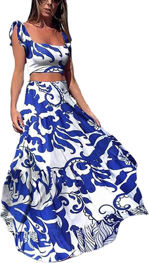 Vakkest Womens Summer Sexy 2 Pieces Outfits Ruffle Floral Tank Top Wrap Boho Tropical Long Skirt ... | Amazon (US)