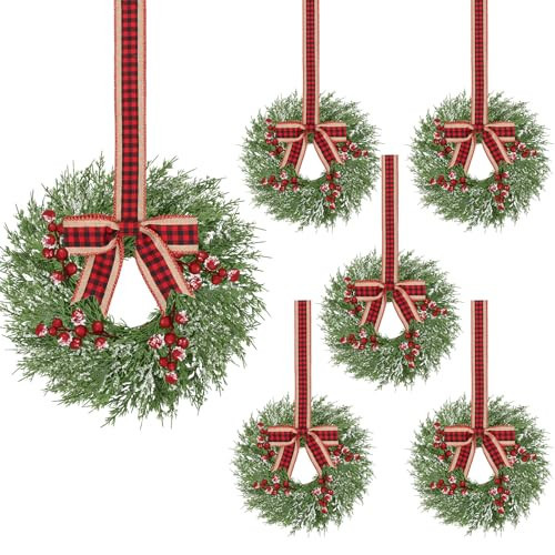6 Pcs 14 Inch Small Christmas Wreath, Christmas Wreaths for Windows, Winter Mini Wreaths Christmas, Cabinet Wreaths for Kitchen, Window Decorations for Front Door Candle Rings Outdoor Indoor | Amazon (US)