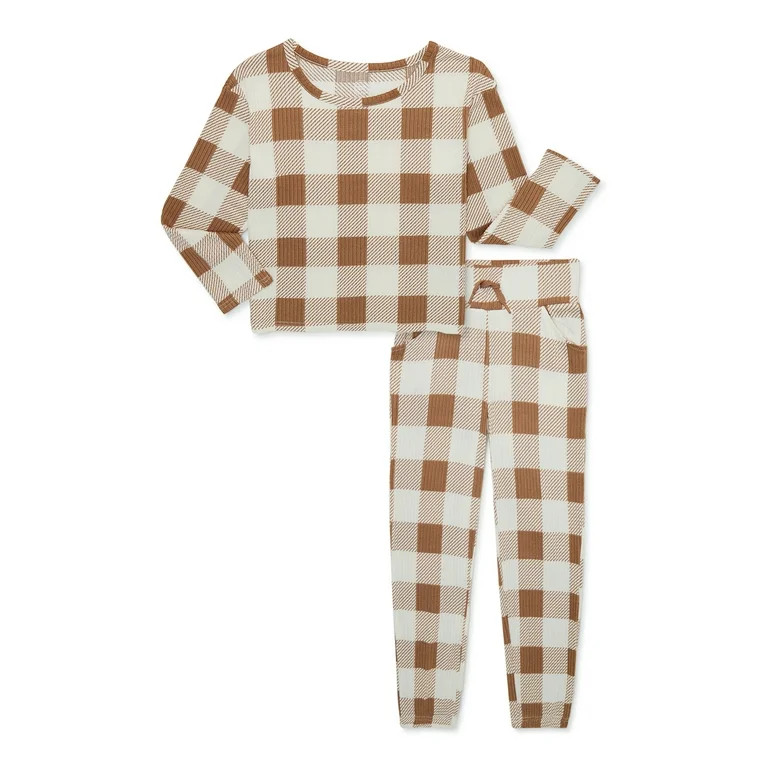 Wonder Nation Girls Ribbed Buffalo Check Pajamas Set with Long Sleeves, Sizes 4-18 & Plus - Walma... | Walmart (US)