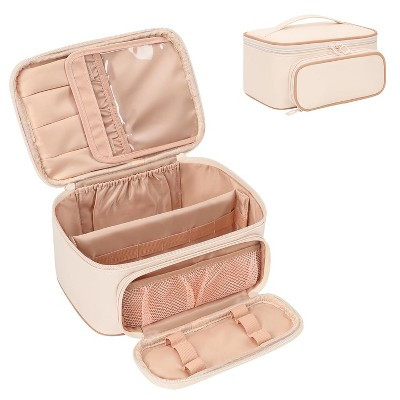 Large Capacity Travel Makeup Case Organizer with Handle and Divider. Portable Cosmetic Toiletry Bag for Women and Girls 0021_Beige with front pocket | Target