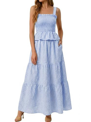 Amazon.com: Glamaker Womens 2 Piece Skirt Sets Summer Gingham Plaid Tank Tops Maxi Skirt Casual T... | Amazon (US)