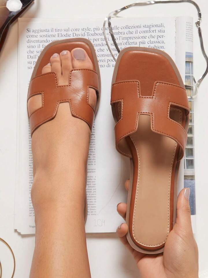 SHUZIA Sandales Plates Pour Femmes De Couleur Unie Simples Avec Découpe | SHEIN