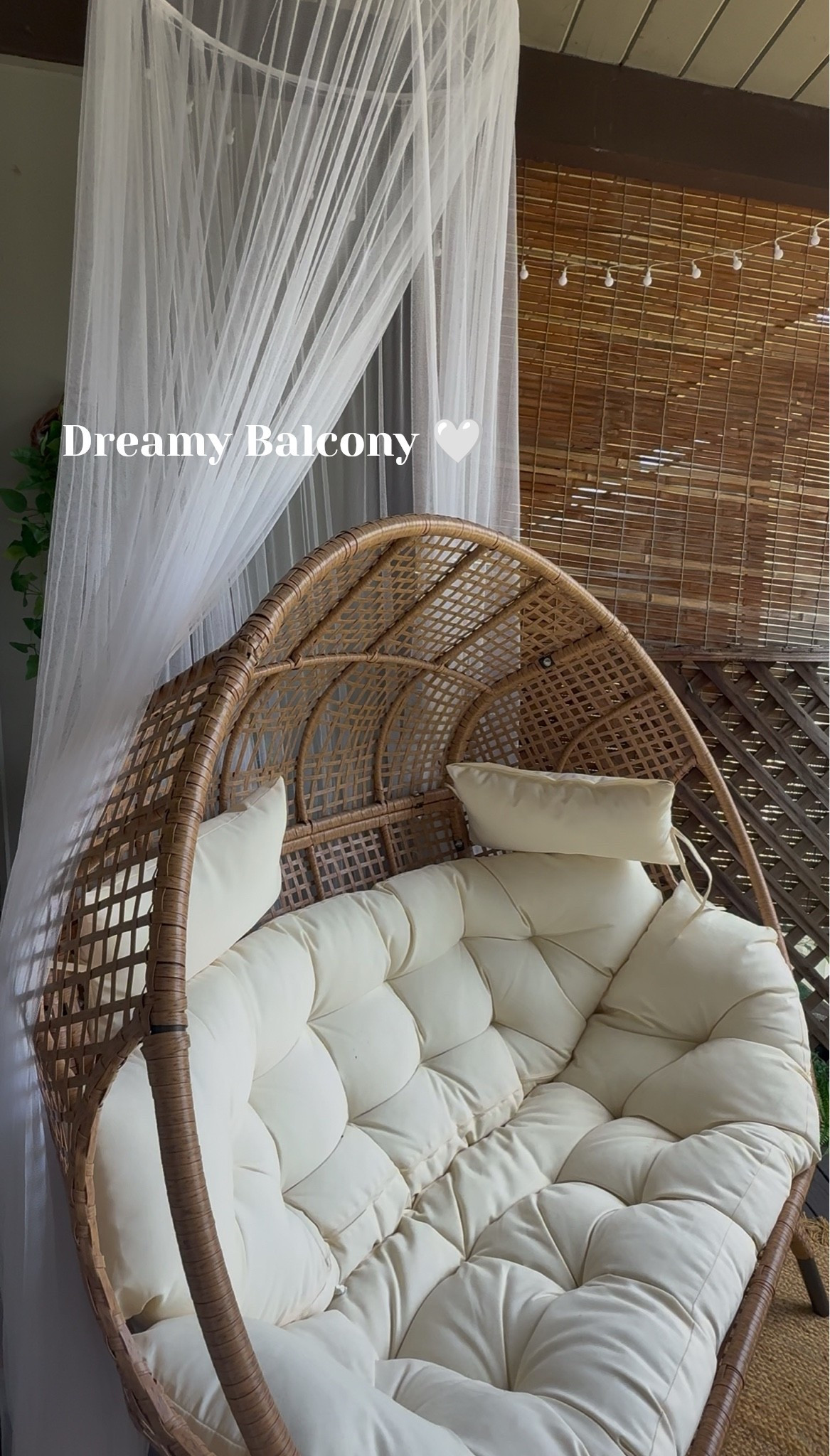 this rattan egg chair was such a great investment. with a mesh canopy, string lights & a mosaic coffee table & jute rug, transformed it into a mini escape that I never want to leave 🤍

#LTKHome #LTKstorytime #LTKdayinmylife