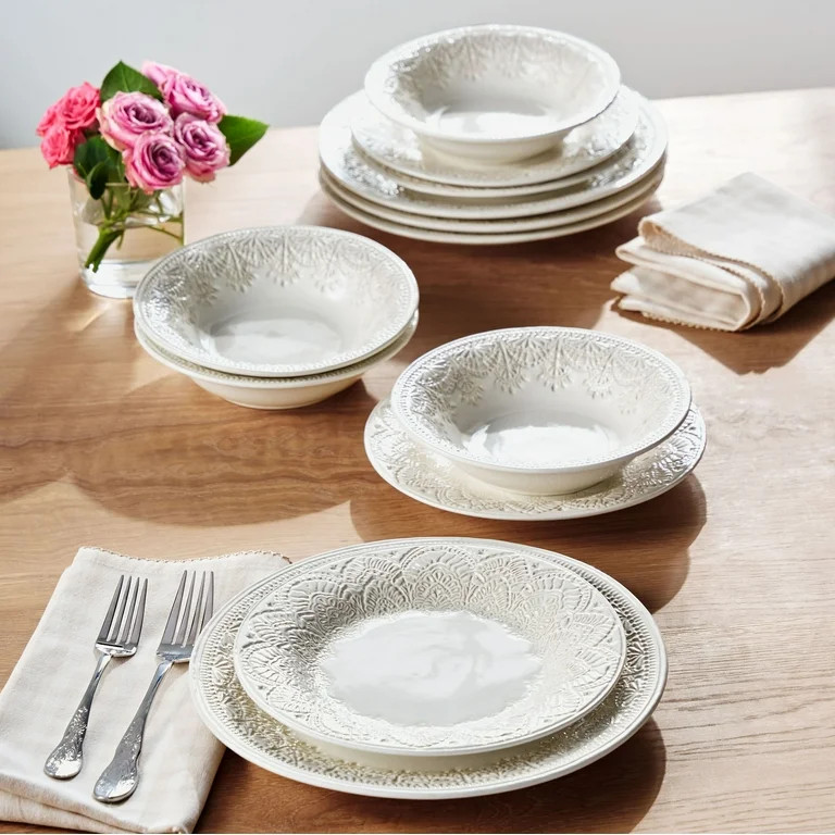 The Pioneer Woman Vintage Lace 12-Piece Ceramic Dinnerware Set, Linen | Walmart (US)