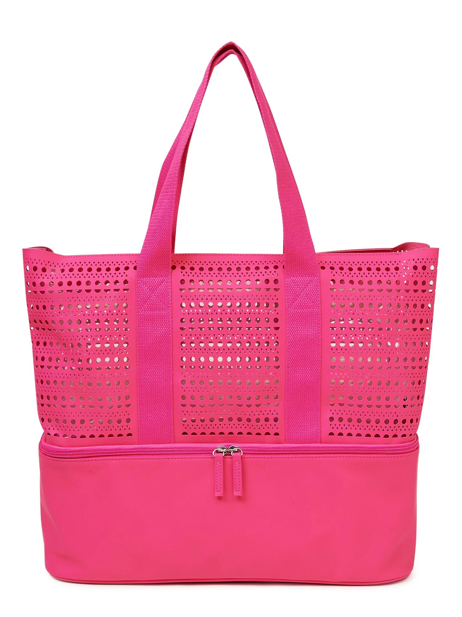 No Boundaries Women’s Zip Bottom Beach Tote Handbag, Pink Perforated | Walmart (US)
