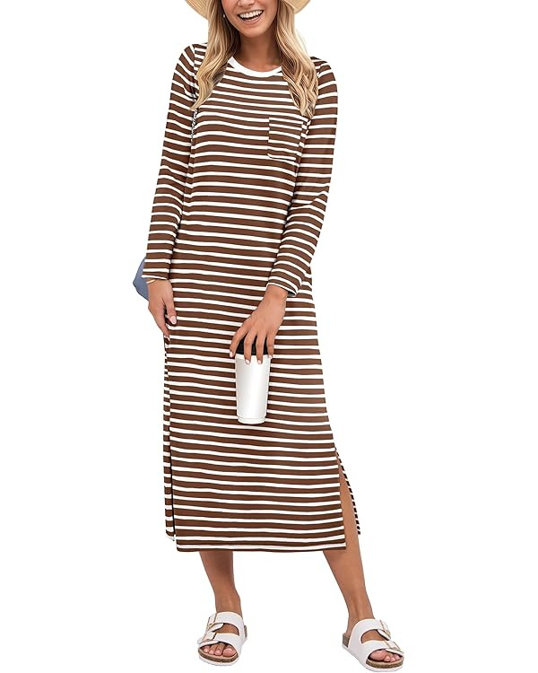 ANRABESS Womens 3/4 Sleeve Striped Slit Midi T Shirt Dresses 2026 Summer Casual Beach Vacation Cl... | Amazon (US)