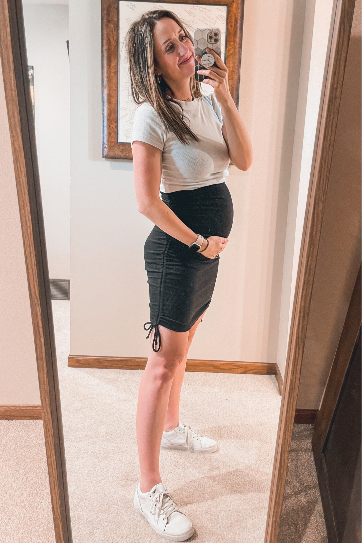Maternity outfit idea! Dress is stretchy and the strings allow you adjust length - wearing my normal size small. T-shirt comes in multiple colors and true to size, wearing small tied up. Shoes are true to size, wearing 9

#LTKbump