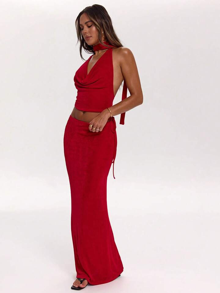 SHEIN BAE Sexy Backless Draped Neck Top And Skirt 2 Pieces Set, Elegant For Dating, Singles Party, Wedding Guest, Holiday, Beach Vacation, Spring/Summer | SHEIN