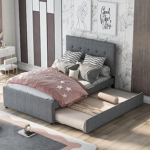 Full Size Linen Upholstered Platform Bed with Headboard and Trundle, No Box Spring Needed, Gray | Amazon (US)