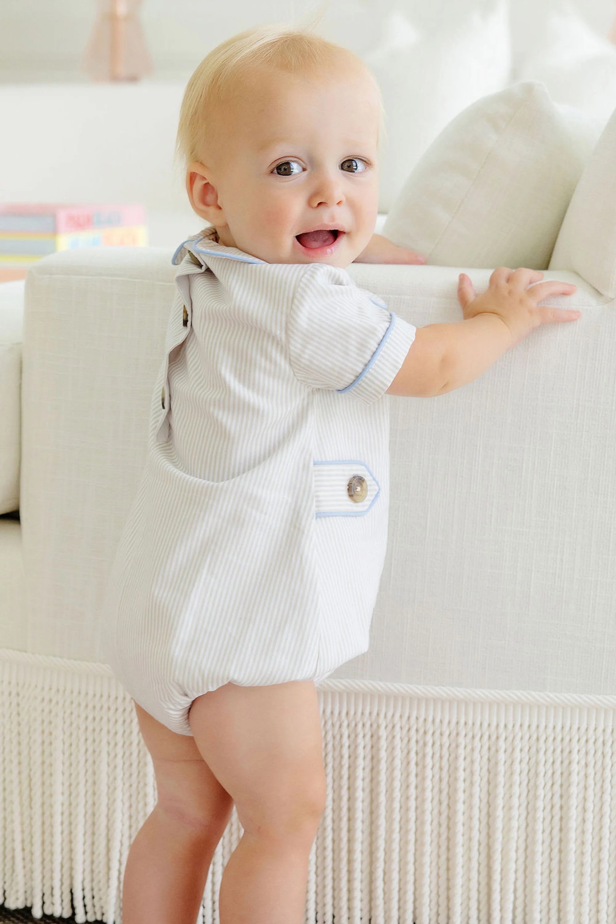 Brentley Bubble - Keeneland Khaki Oxford Stripe with Beale Street Blue | The Beaufort Bonnet Company