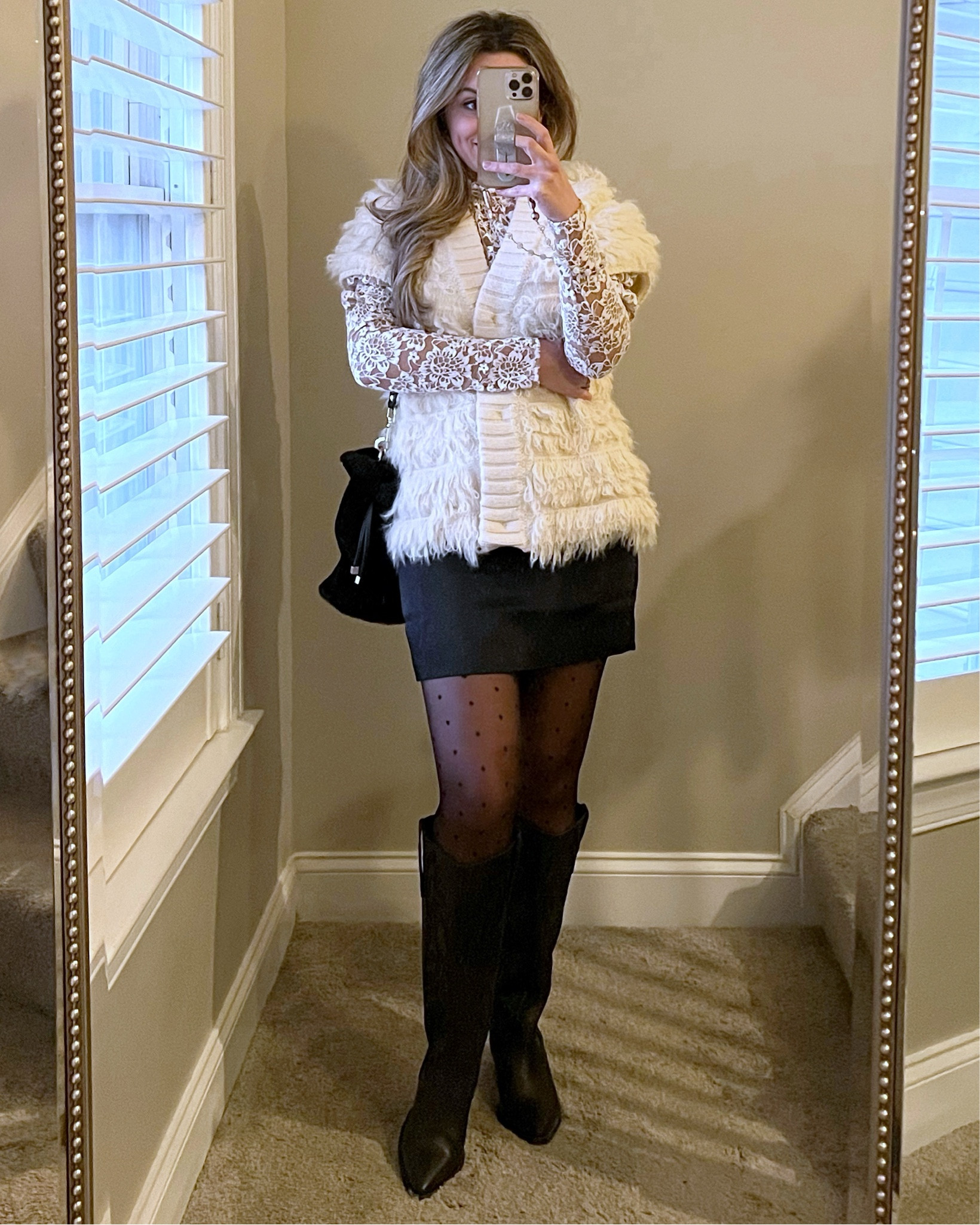 Fuzzy vest, lace top, mini skirt, knee high boots, winter outfit, date night outfit. Ladies lunch outfit m, holiday work outfit 

#LTKHoliday #LTKWorkwear #LTKStyleTip