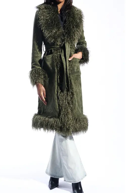 AZALEA WANG Belted Faux Suede Coat with Faux Fur Trim in Olive at Nordstrom, Size Medium | Nordstrom