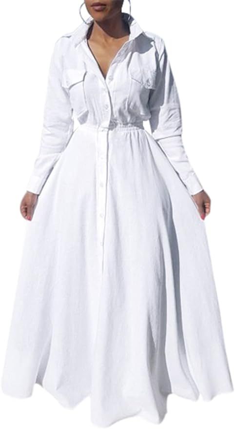 Women's Pleated Long Sleeve Party Cocktail Long Maxi Button Down White Shirt A-line Dress Plus Si... | Amazon (US)
