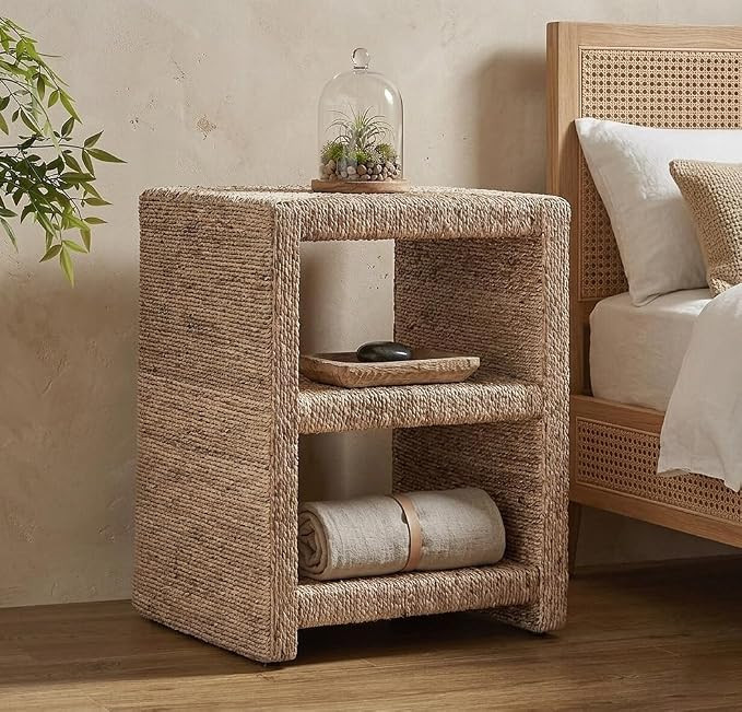 Rattan Nightstand with Woven Seagrass Rope, Coastal Style Side Table with Dual Open Storage Shelv... | Amazon (US)