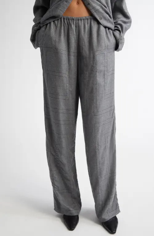 TOTEME Monogram Embroidered Flannel Wide Leg Pants in Smoke Melange at Nordstrom, Size 6 Us | Nordstrom