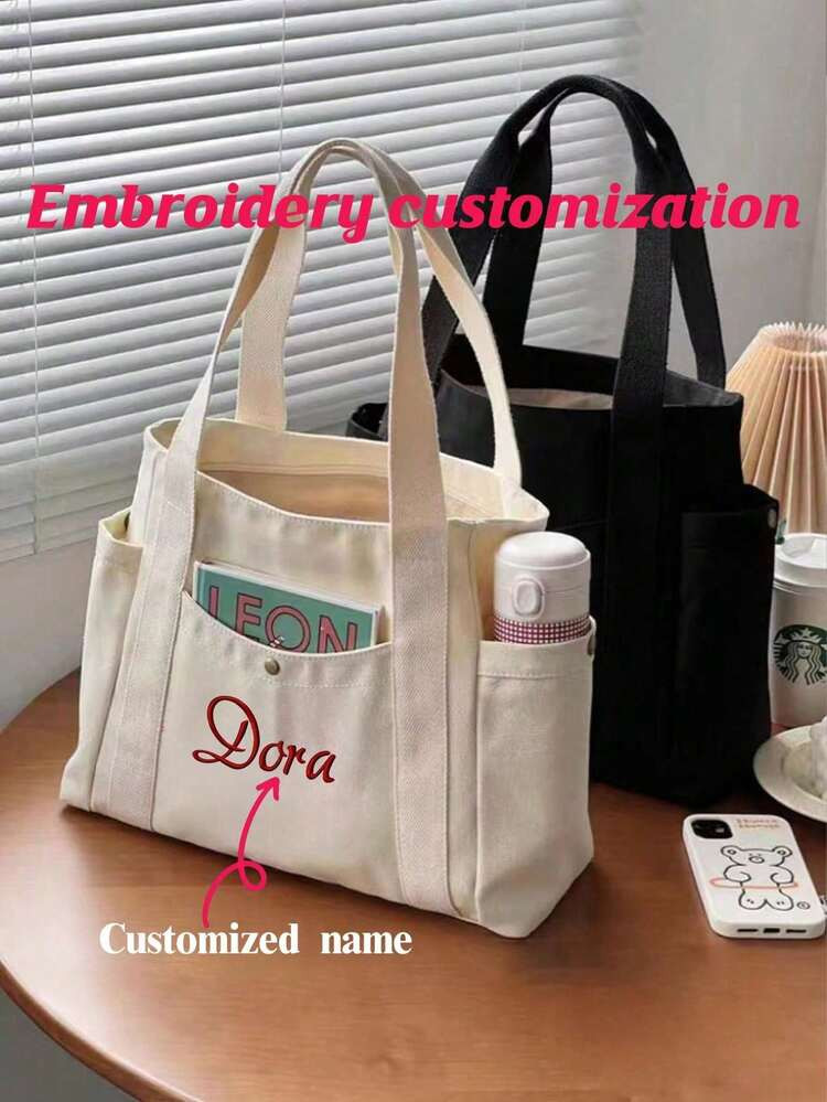 1pc Customized Embroidered Name Tote Canvas Bag, Versatile Commuter & Student Shoulder Bag, Large... | SHEIN