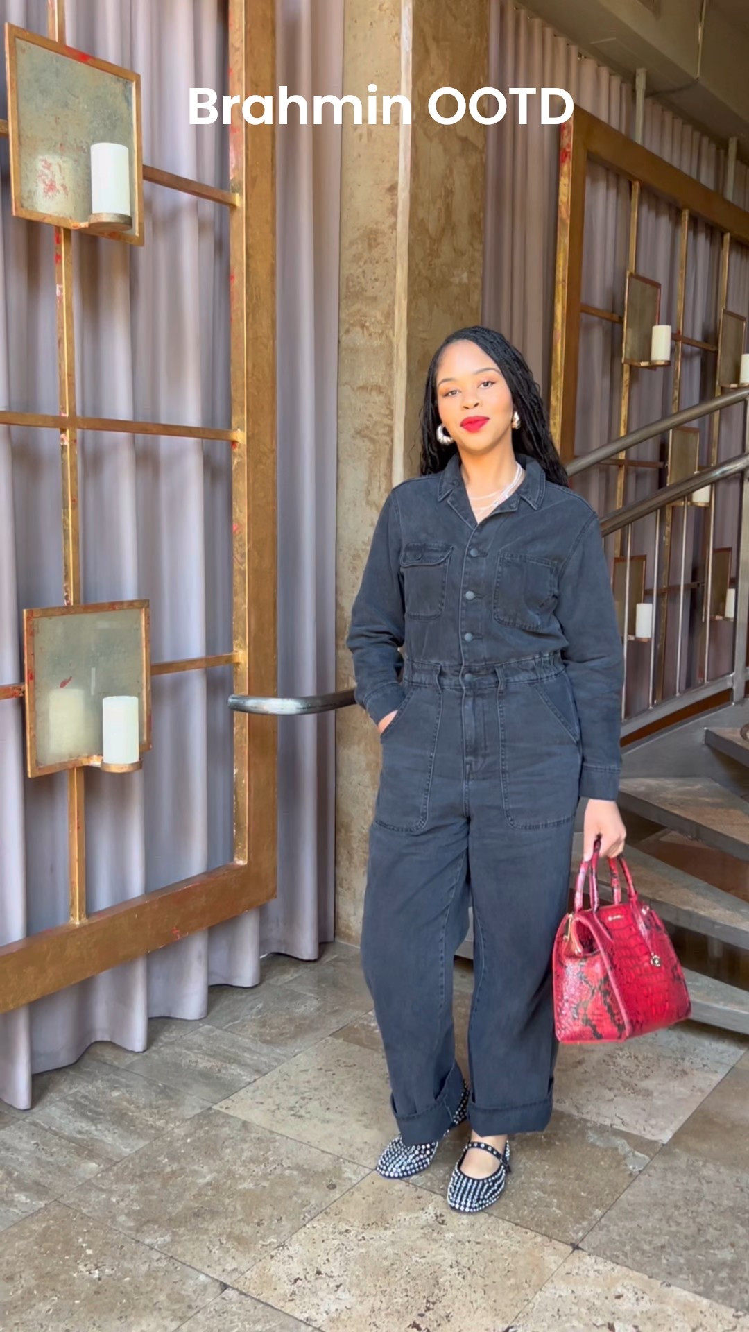 Jumpsuit, Mary Jane’s and a Brahmin bag! 🙌🏽 The Red Brahmin bag is the statement!! 

#LTKdayinmylife #LTKootd #LTKMidsize