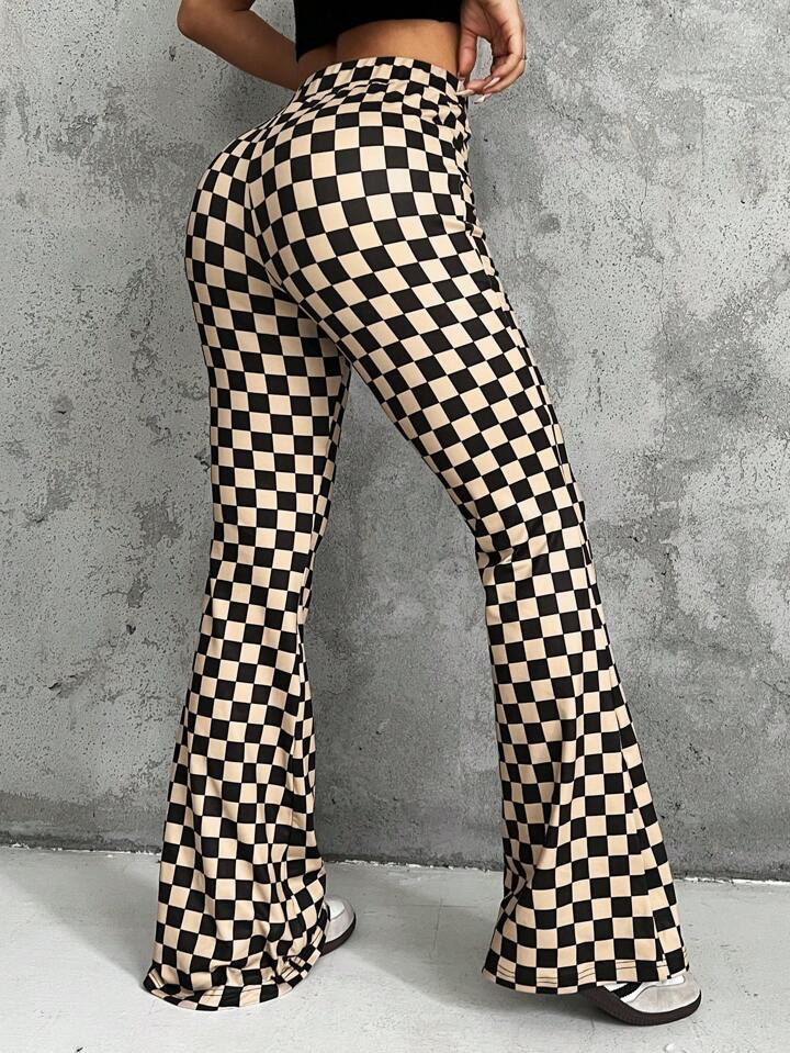 SHEIN EZwear Summer Casual Retro Colorful Plaid Pattern Slim-Fit Flare Pants For Streetwear | SHEIN
