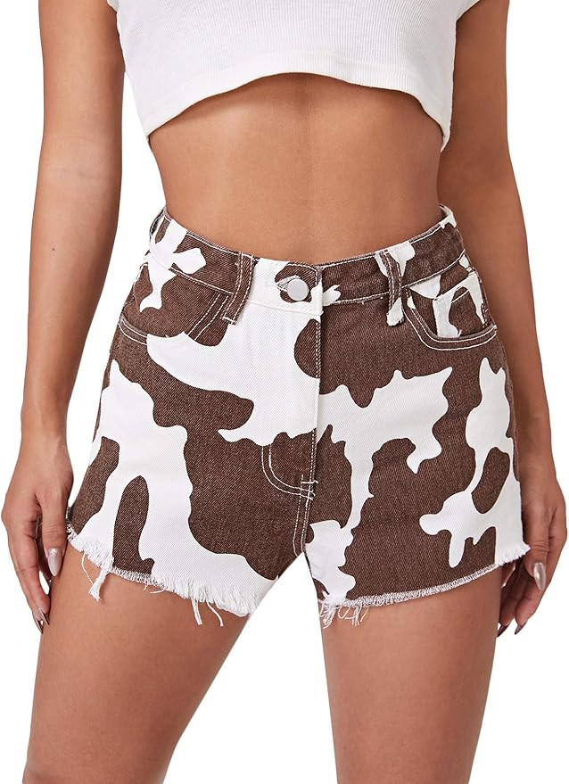 Floerns Women's Raw Hem High Waist Denim Shorts with Pocket | Amazon (US)