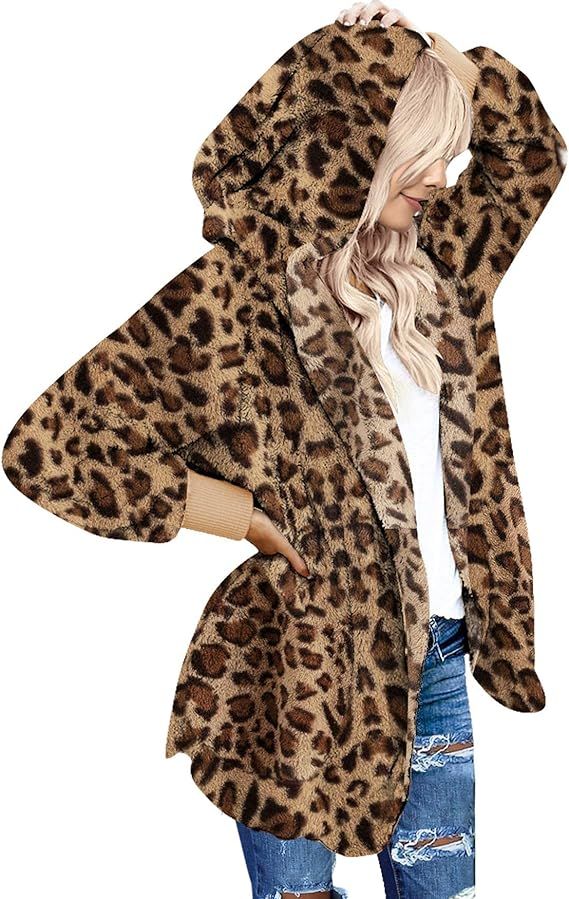 luvamia Women Fuzzy Fleece Open Front Pockets Hooded Cardigan Jacket Coat Outwear | Amazon (US)