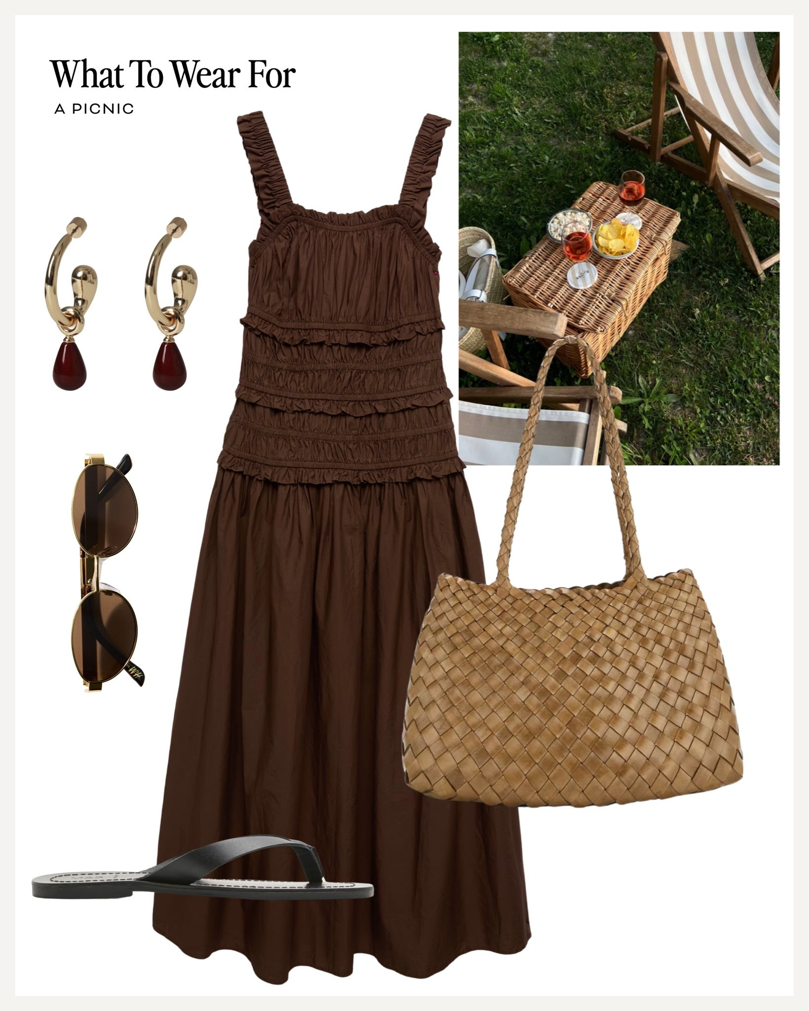 A picnic 🧺 

Summer outfit, marks and Spencer, brown dress, straw tote, sandals, effortless style