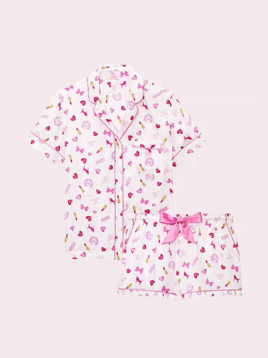 Buy PINK x LoveShackFancy Satin Short Pajama Set, Vs White Bisous - Order Pajamas Sets online - P... | Victoria's Secret (US / CA )