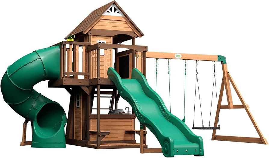 Backyard Discovery, Cedar Cove Wood Swing Set, Playground Fort, Chalkboard, Telescope, Dual Slide... | Amazon (US)