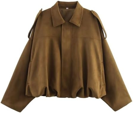 Xunger Women's Faux Suede Bomber Jacket Spring Lapel Pilot Coat Casual Oversized Long Sleeves Tre... | Amazon (US)