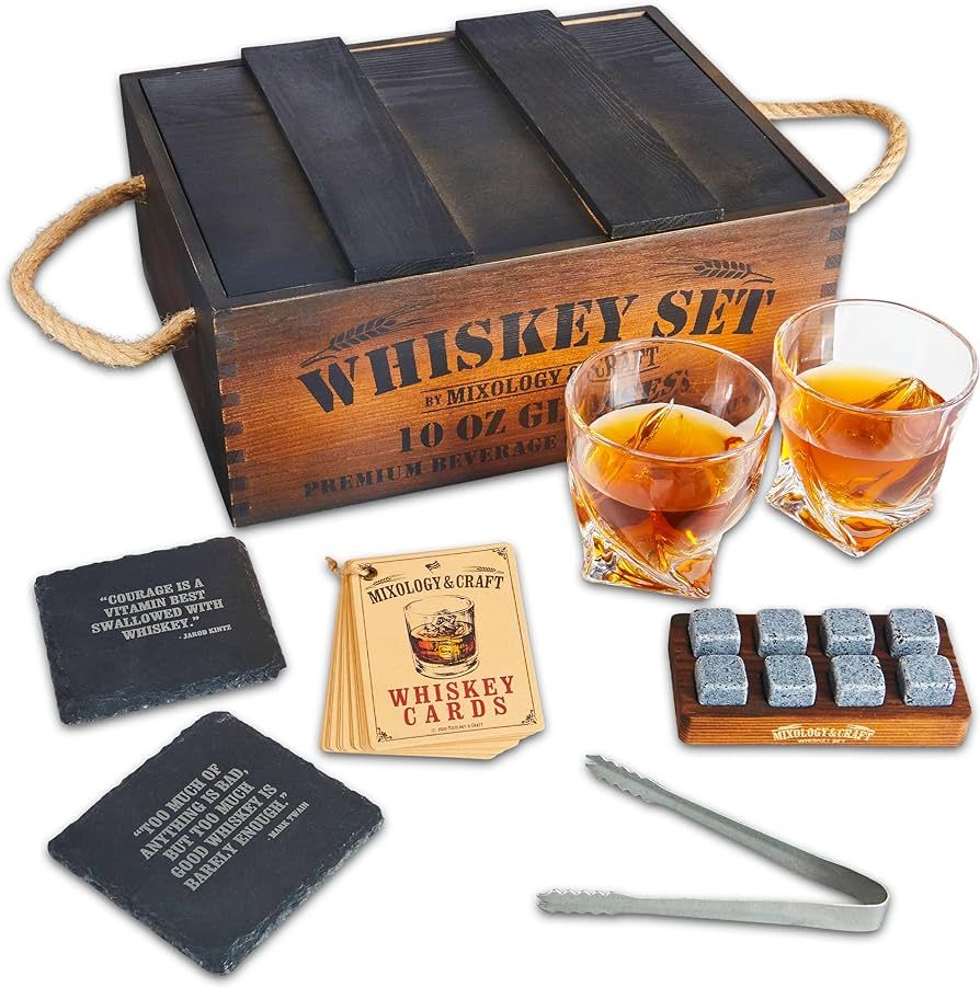 Mixology & Craft Whiskey Stones Gift Set for Men - 2 Glasses, 8 Chilling Rocks & Wooden Box - Whi... | Amazon (US)
