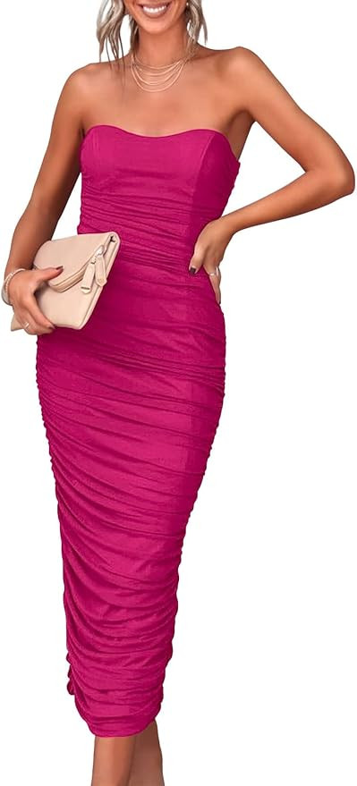 ANRABESS Women Ruched Bodycon Dress 2023 Summer Sexy Strapless Sleeveless Slit Party Cocktail Clu... | Amazon (US)