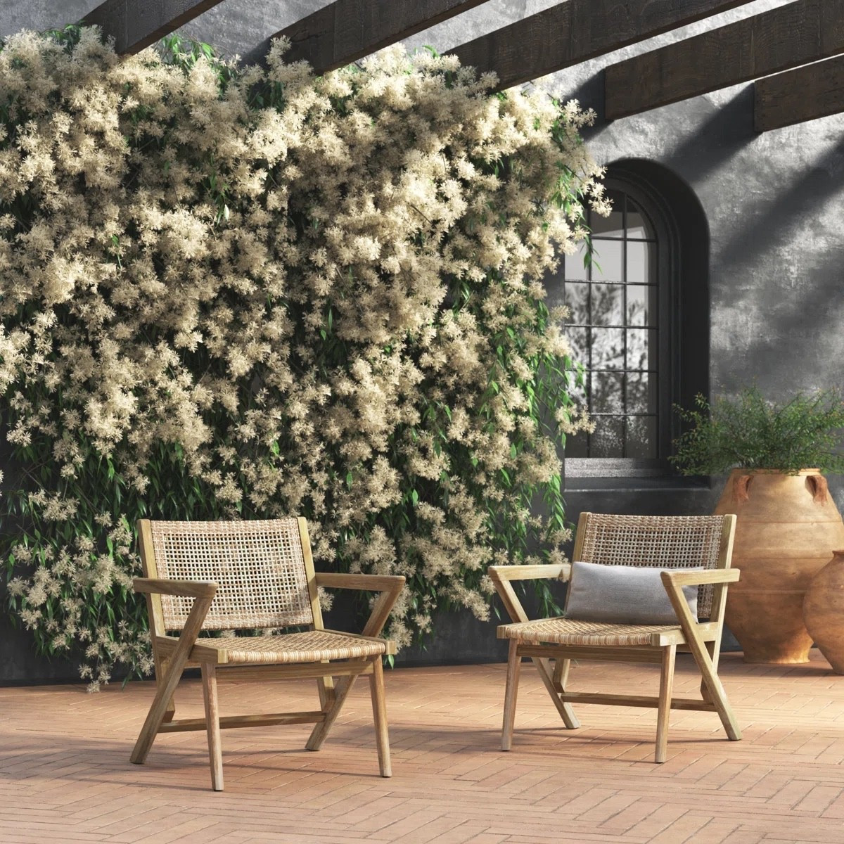 These outdoor lounge chairs from Wayfair bring a relaxed, resort-inspired look to any patio, porch, or backyard space. Featuring a natural acacia wood frame with woven rope detailing, these chairs are perfect for creating a cozy outdoor seating area for morning coffee or evening gatherings. The clean lines and neutral tones make them easy to style with any outdoor decor.