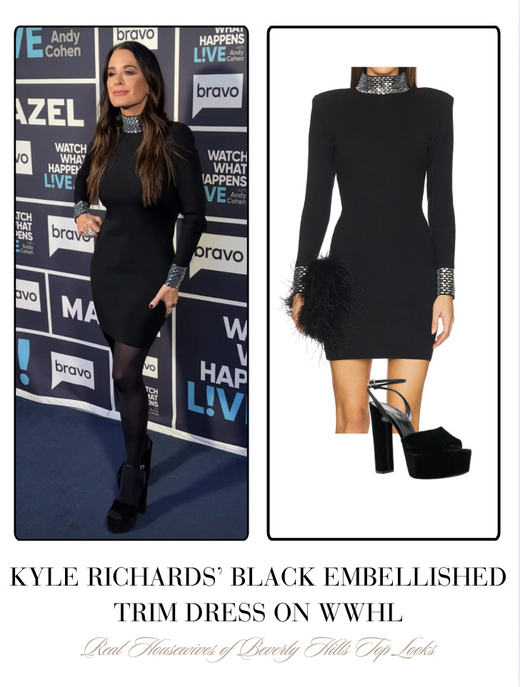  Kyle Richards' Black Embellished Trim Long Sleeve Mini Dress 📸= @bravowwhl 

 