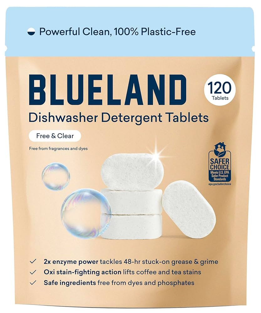 BLUELAND 100% Plastic-Free Dishwasher Detergent Tablets, 120 Count, Free & Clear, Eco-Friendly Di... | Amazon (US)
