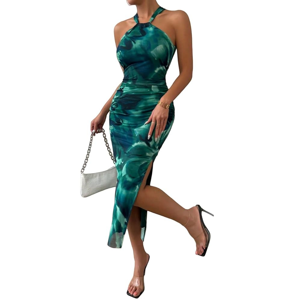 Women's Summer Printed Midi Dress Tie Dye Halter Bodycon Side Slit Mesh Layered | Amazon (US)