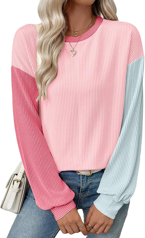 EVALESS Womens Long Sleeve Tops Fall Fashion 2025 Crewneck Color Block Ribbed Knit Casual Loose F... | Amazon (US)