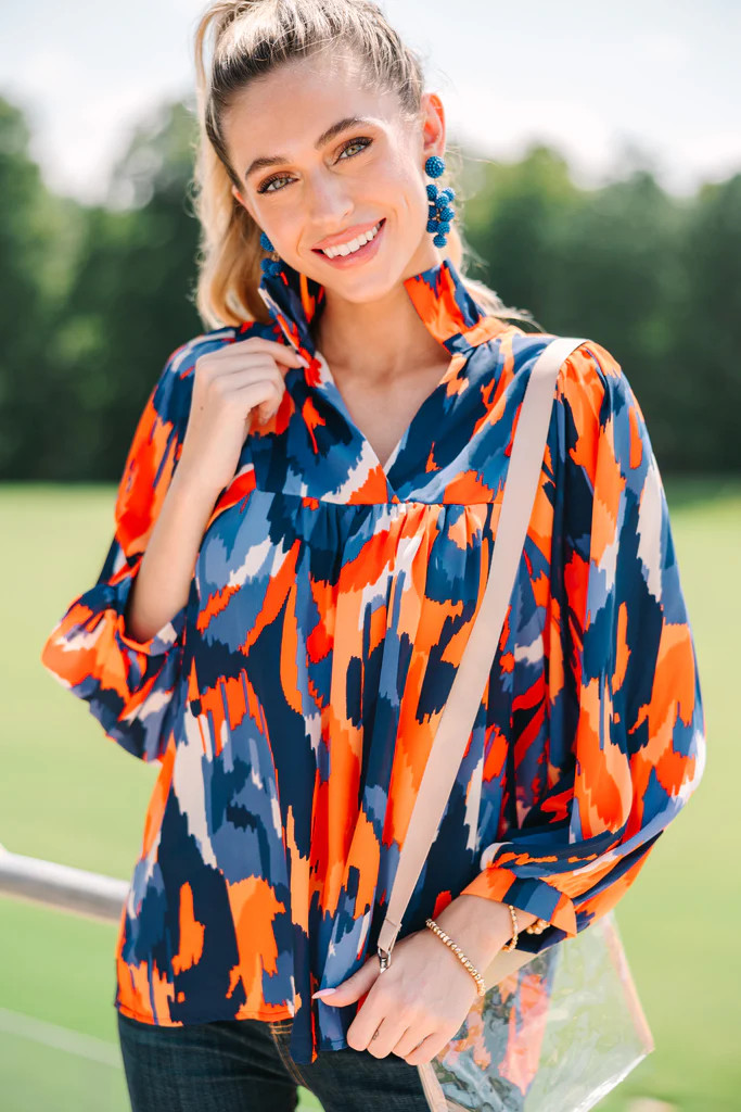 The Morgan Orange And Blue Abstract Blouse | The Mint Julep Boutique