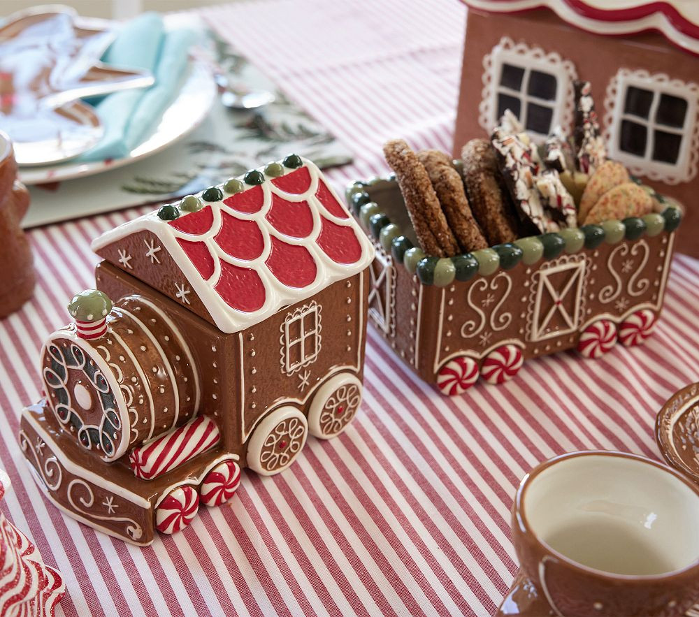 Gingerbread Ceramic Train Serving Set | Pottery Barn Kids