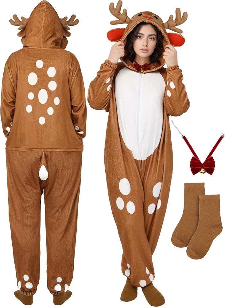 SOMSOC Christmas Reindeer Adult Costume Unisex Deer Animal Onesie Pajamas Jumpsuit | Amazon (US)