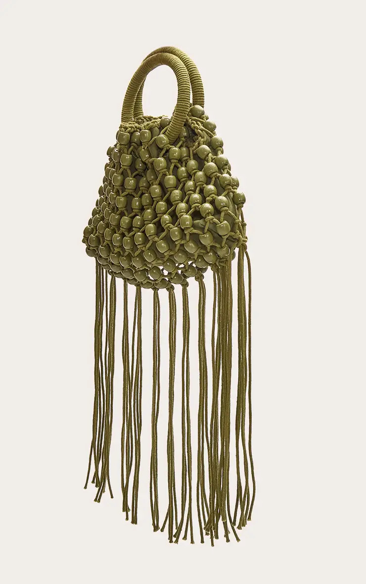 Olive Beaded Weave Bucket Bag | PrettyLittleThing USA | PrettyLittleThing US
