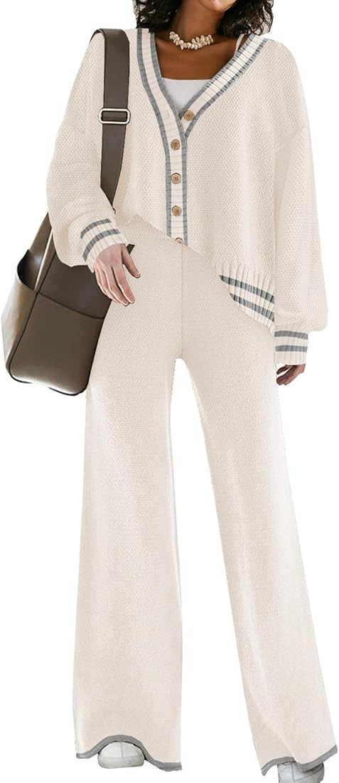 Womens Two Piece Outfits Sweater Sets Open Front Knit Cardigan and Wide Leg Pants Sweatsuit Loung... | Amazon (US)