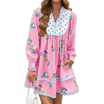 MAOECO Womens Floral Mini Dress V Neck Long Sleeve Patchwork Loose Babydoll B… | Amazon (US)